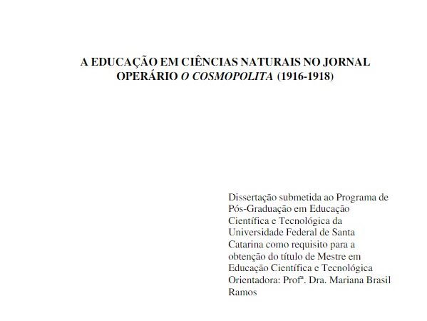 A Educação em ciências naturais no jornal Operário O Cosmopolita!